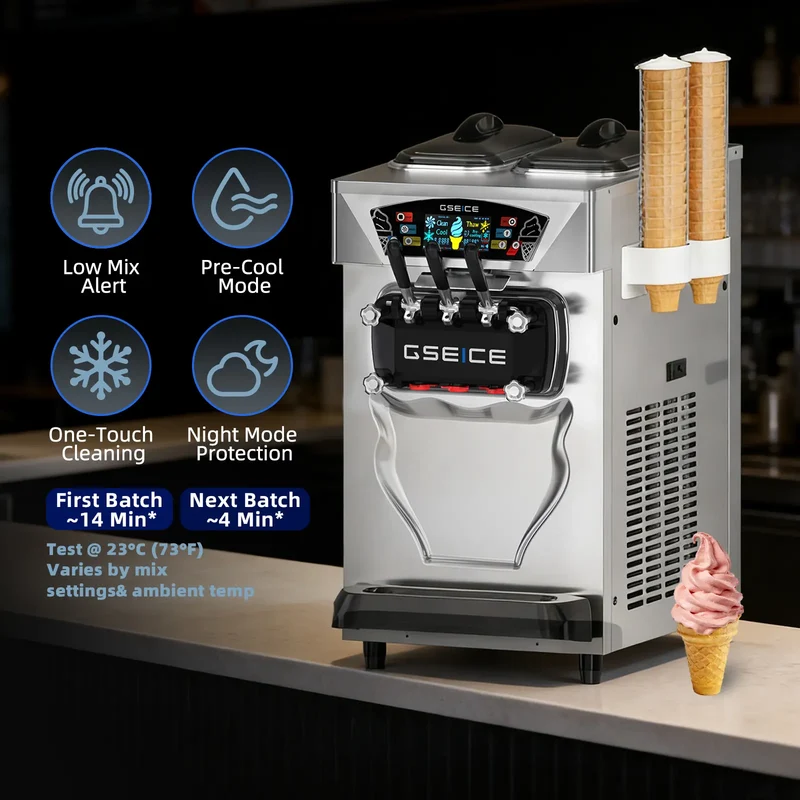 Countertop Commercial Soft Serve Ice Cream Machine 3 Flavor, 22–28 L/hr, 2×6L Hoppers, 110V 1600W Frozen Yogurt Machine | BJK218