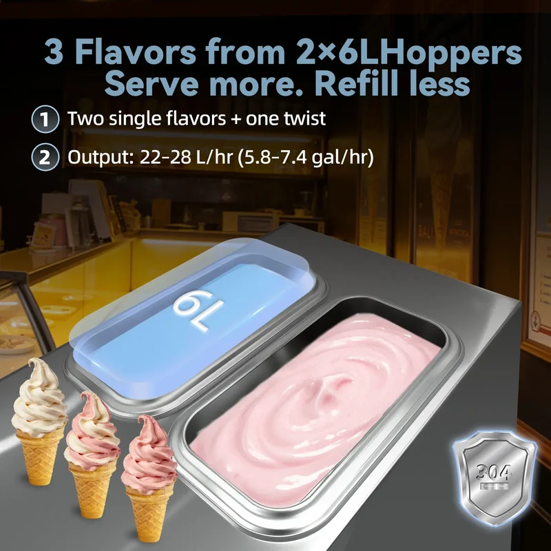 Countertop Commercial Soft Serve Ice Cream Machine 3 Flavor, 22–28 L/hr, 2×6L Hoppers, 110V 1600W Frozen Yogurt Machine | BJK218