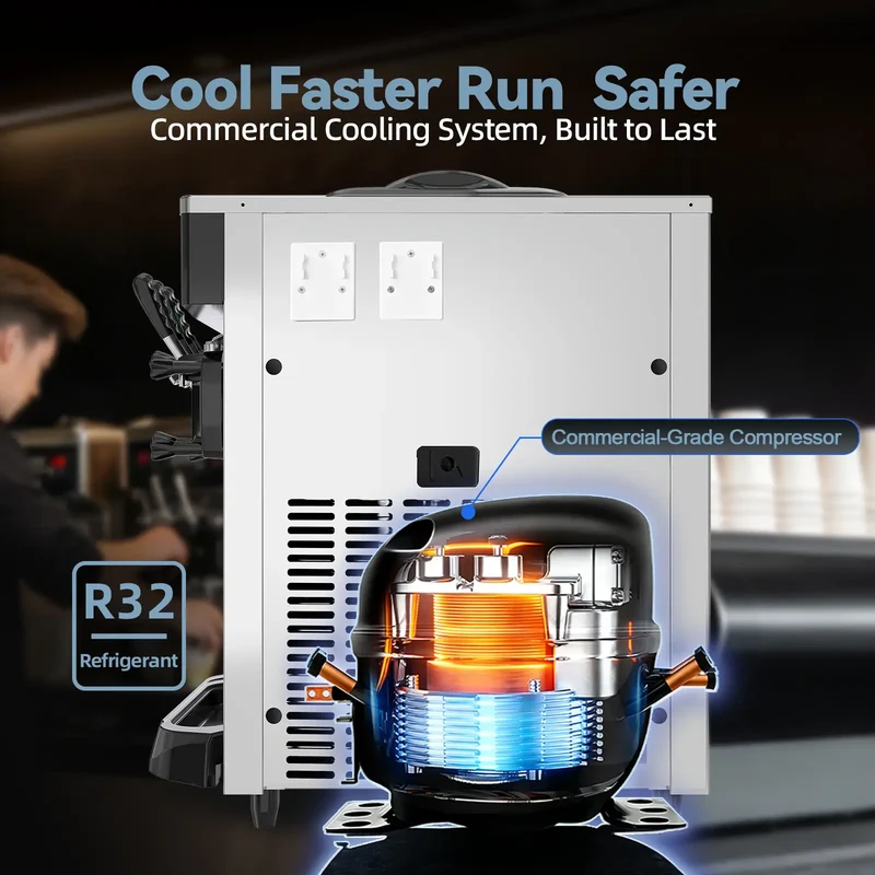 Countertop Commercial Soft Serve Ice Cream Machine 3 Flavor, 22–28 L/hr, 2×6L Hoppers, 110V 1600W Frozen Yogurt Machine | BJK218