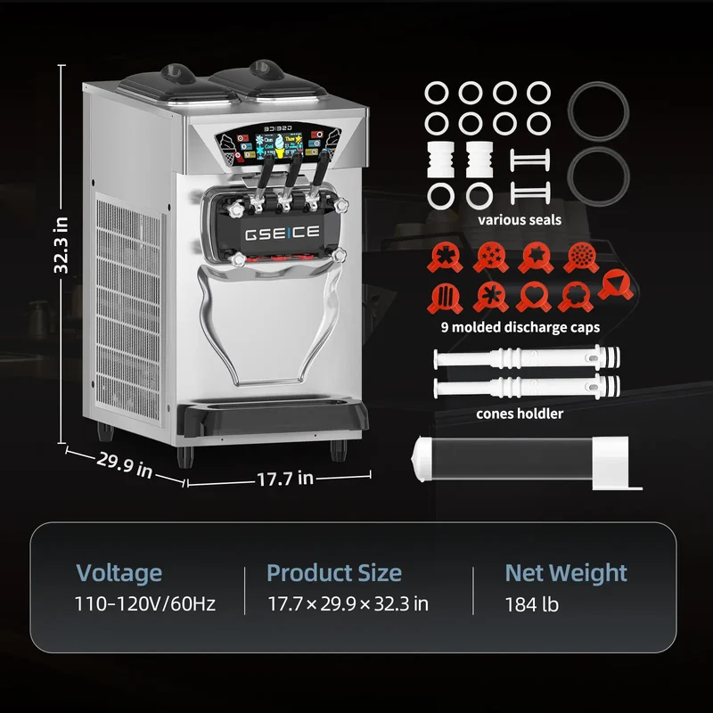 Countertop Commercial Soft Serve Ice Cream Machine 3 Flavor, 22–28 L/hr, 2×6L Hoppers, 110V 1600W Frozen Yogurt Machine | BJK218