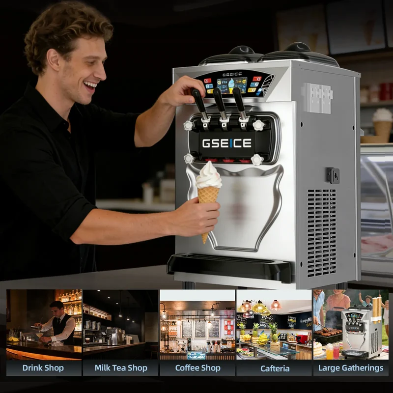 Countertop Commercial Soft Serve Ice Cream Machine 3 Flavor, 22–28 L/hr, 2×6L Hoppers, 110V 1600W Frozen Yogurt Machine | BJK218