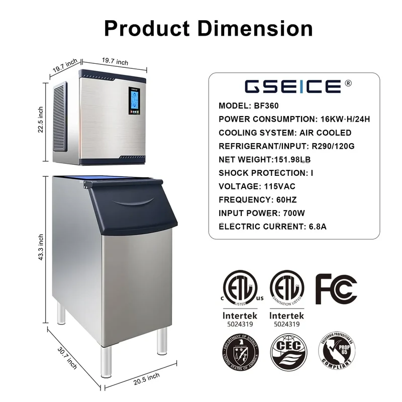 GSEICE BF360 Commercial Ice Maker with ETL Certification– 450 lbs/24H Output, 300 lbs Ice Storage, DOE & CEC Energy Efficient, Smart Timer & Easy Cleaning