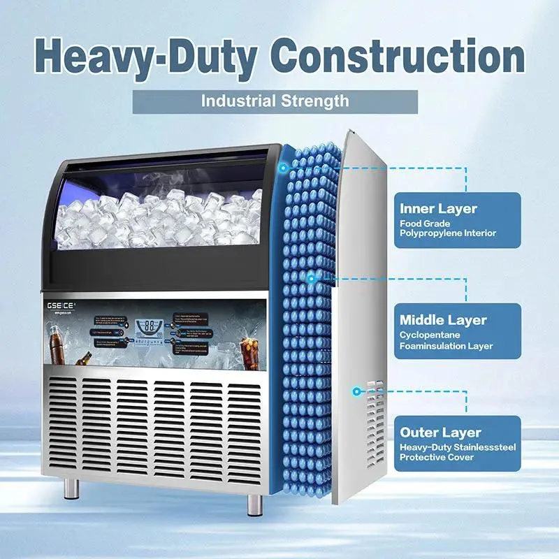 GSEICE SY200 Commercial Ice Maker, 200 lbs/24H Ice Machine with 75 lbs Storage Bin & Drain Pump