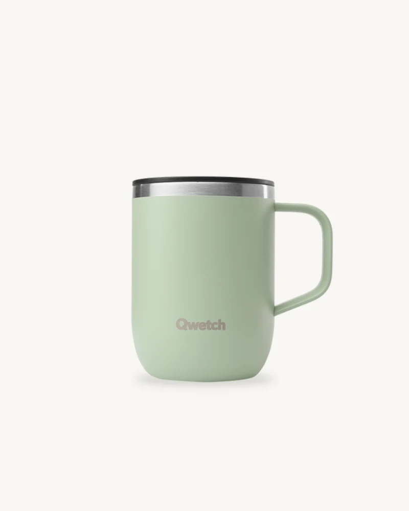 Mug isotherme 350 ml en inox recyclé avec anse – QWETCH - Disponible en 4 Couleurs : Rose, Bleu, Vert, Noir