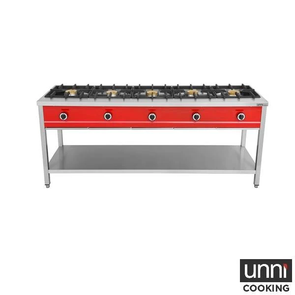 Crêpière gaz 5 feux 40 kW - poêles jusqu'à 400 mm - L 2000 x P 600 x H 850 mm - Unninox