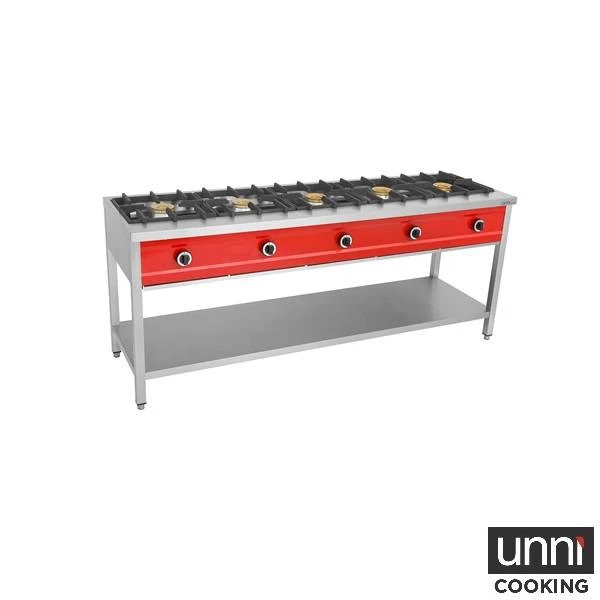Crêpière gaz 5 feux 40 kW - poêles jusqu'à 400 mm - L 2000 x P 600 x H 850 mm - Unninox