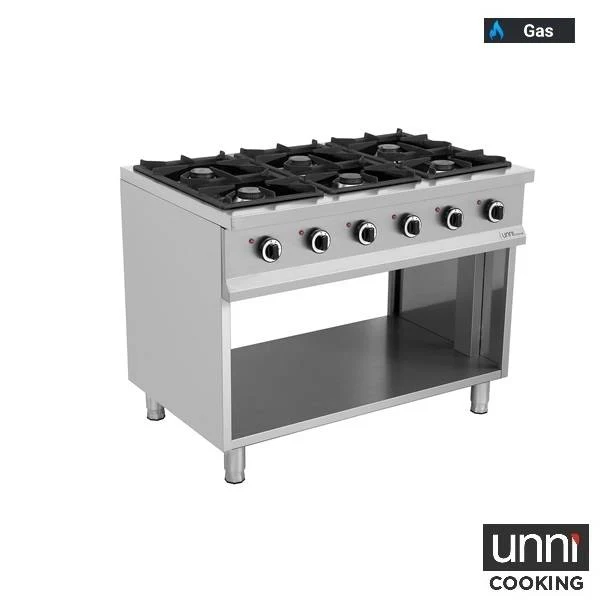 Fourneau gaz 6 feux vifs - 39 kW - L 1100 x P 700 x H 850 mm - Unninox