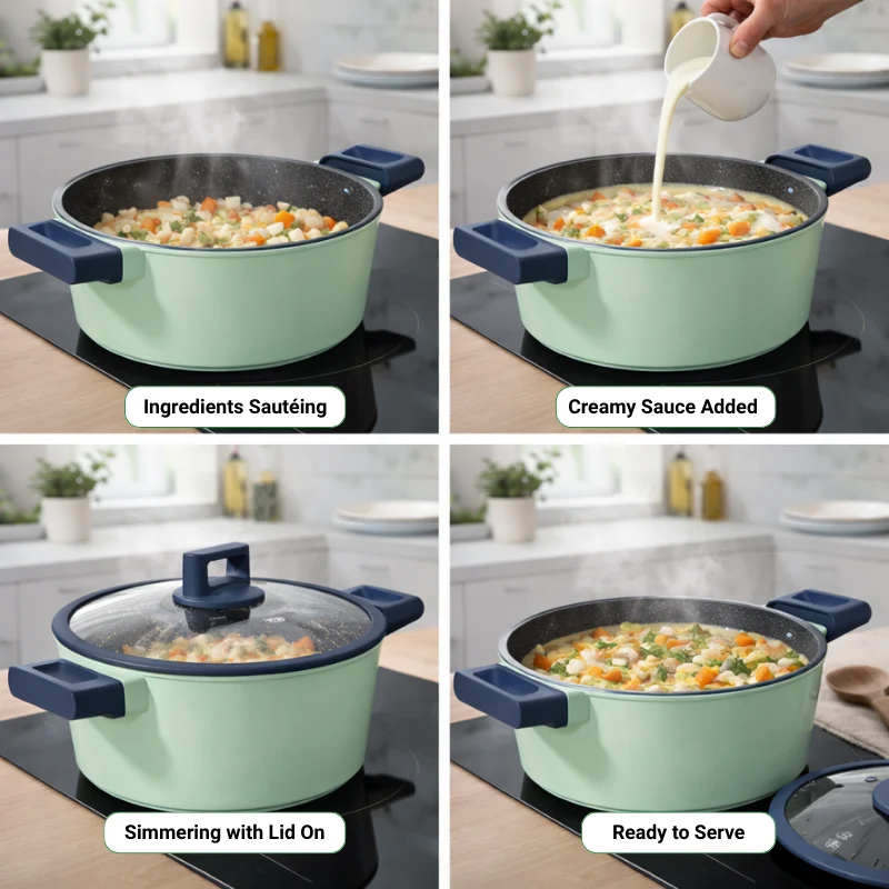 Batterie de cuisine 6 pièces à revêtement marbré avec couvercles tous feux dont induction Vert