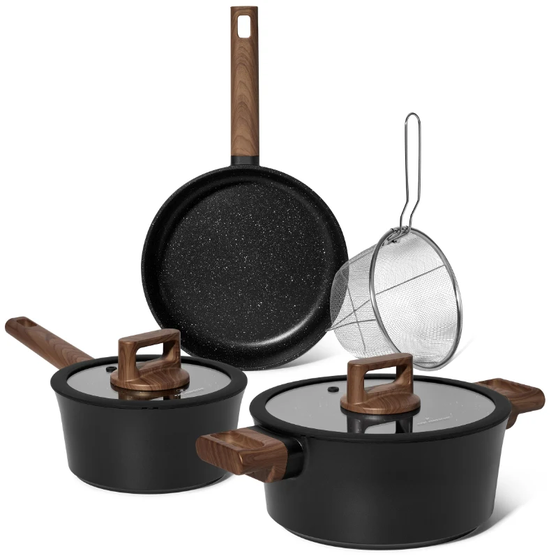 Batterie de cuisine 6 pièces à revêtement marbré avec couvercles tous feux dont induction Noir