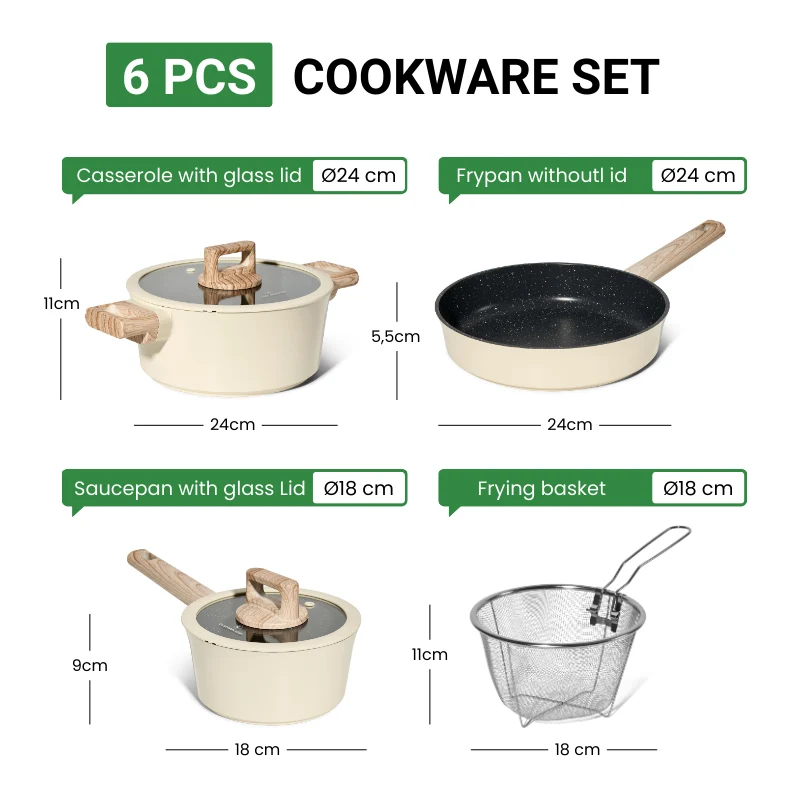 Batterie de cuisine 6 pièces à revêtement marbré avec couvercles tous feux dont induction Beige