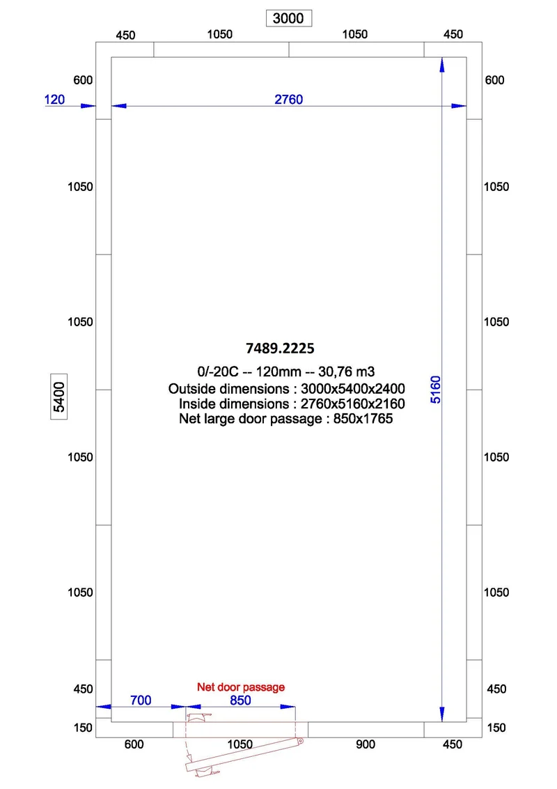 Chambre froide positive/negative 3000x5400x2400 - 120 mm 30.7 L - Combisteel