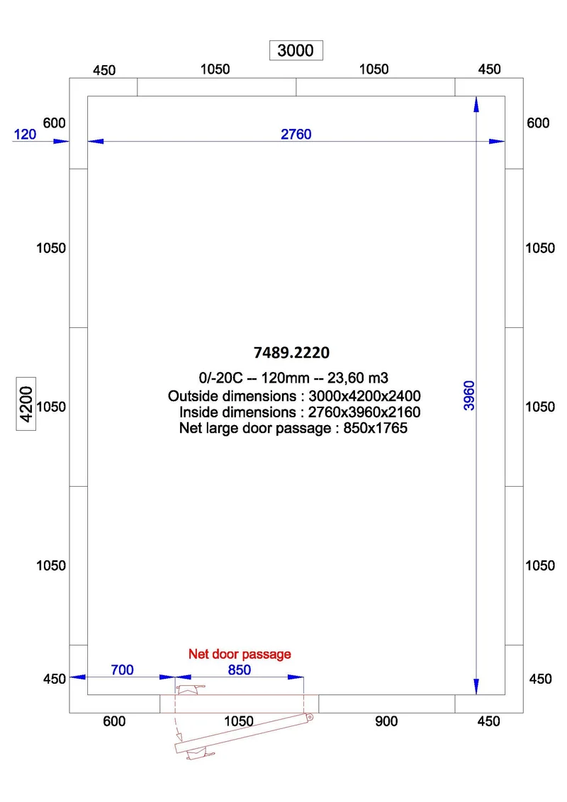 Chambre froide positive/negative 3000x4200x2400 - 120 mm 23.6 L - Combisteel