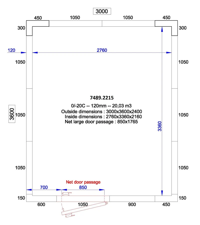 Chambre froide positive/negative 3000x3600x2400 - 120 mm 20 L - Combisteel