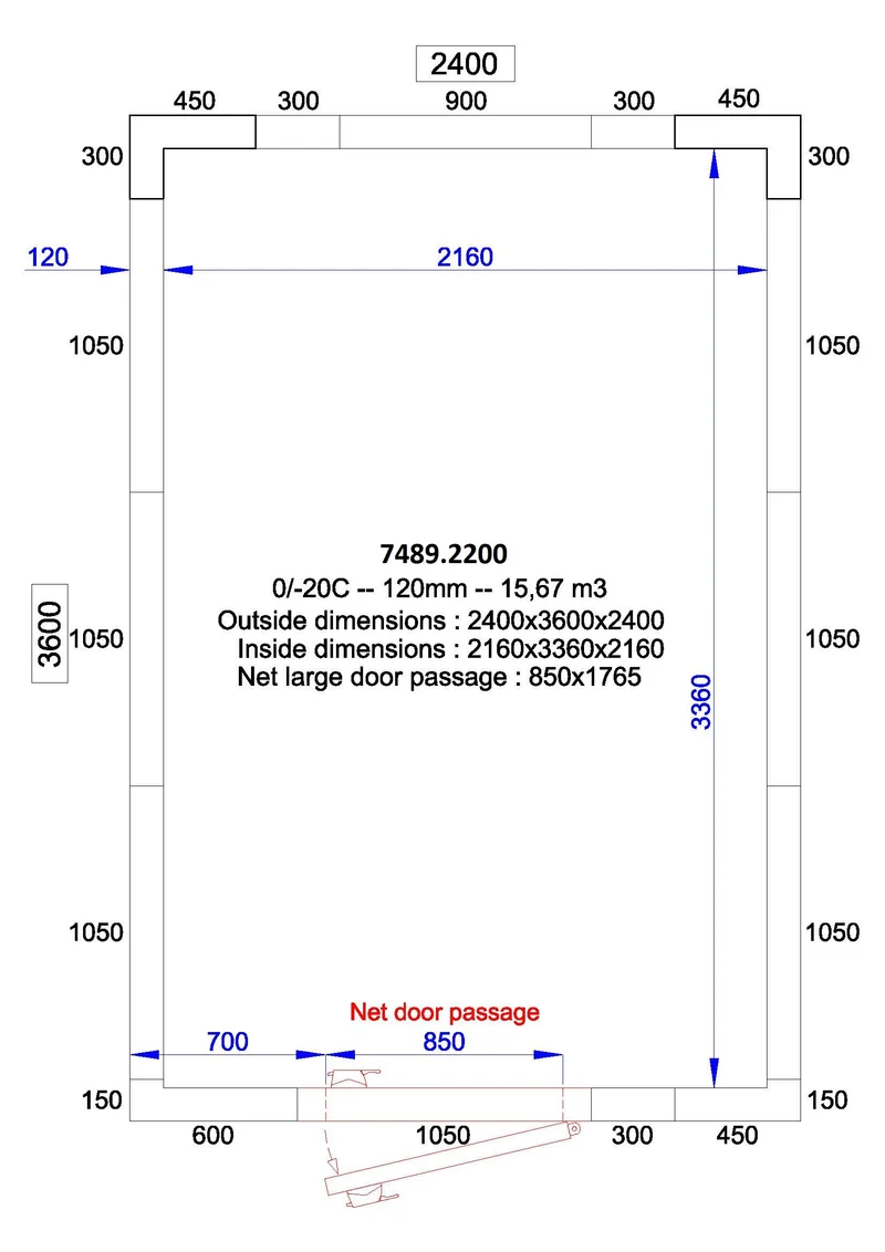 Chambre froide positive/negative 2400x3600x2400 - 120 mm 15.6 L - Combisteel