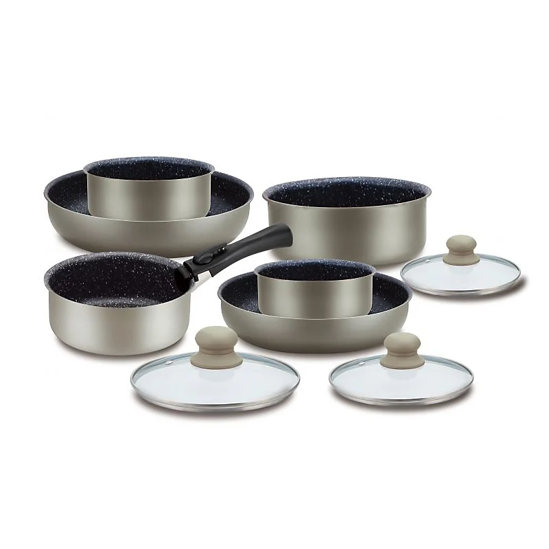 Batterie de cuisine revêtement pierre avec manche amovible 10 pièces Herzberg - Carbone