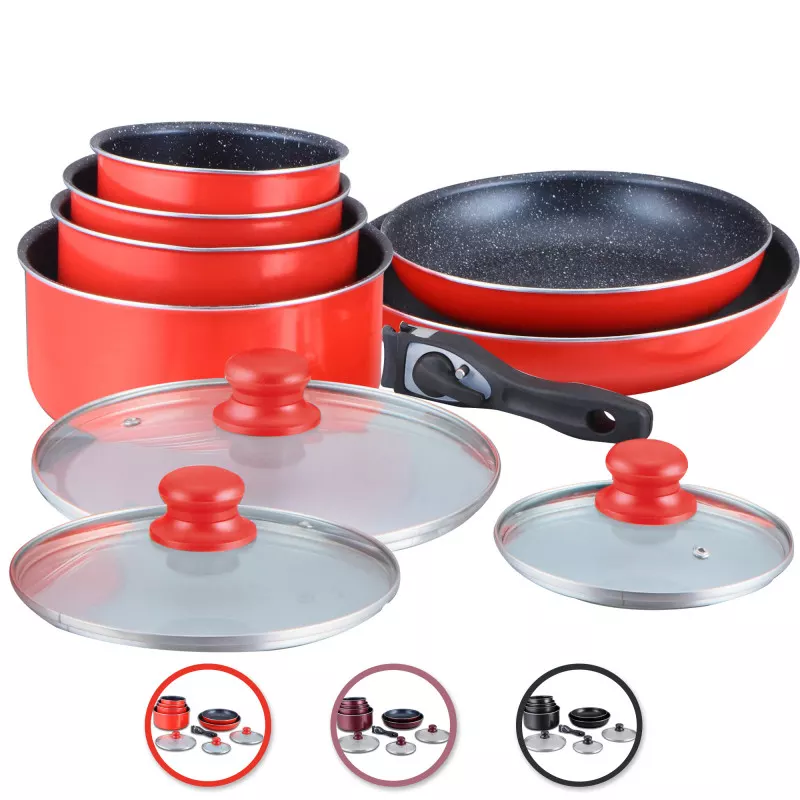 Batterie de cuisine revêtement pierre avec manche amovible 10 pièces Herzberg - Rouge