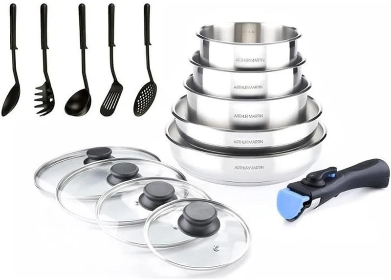 Batterie de Cuisine 15 Pièces Arthur Martin en Acier Inoxydable - Compatible Tous Feux dont Induction