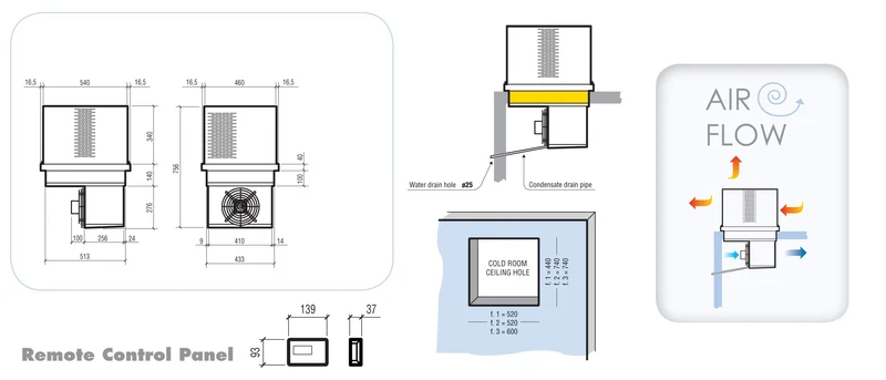 Unité de plafonnier type positif 8.2-14.1 m3 460x540x756 mm 8.2 L 1.16 kW - Combisteel