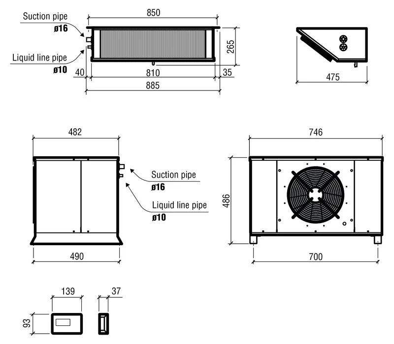 Unité refroidissement split type positif 22.10 - 55.84 m3 746x482x486 mm 22.10 L 1.58 kW - Combisteel