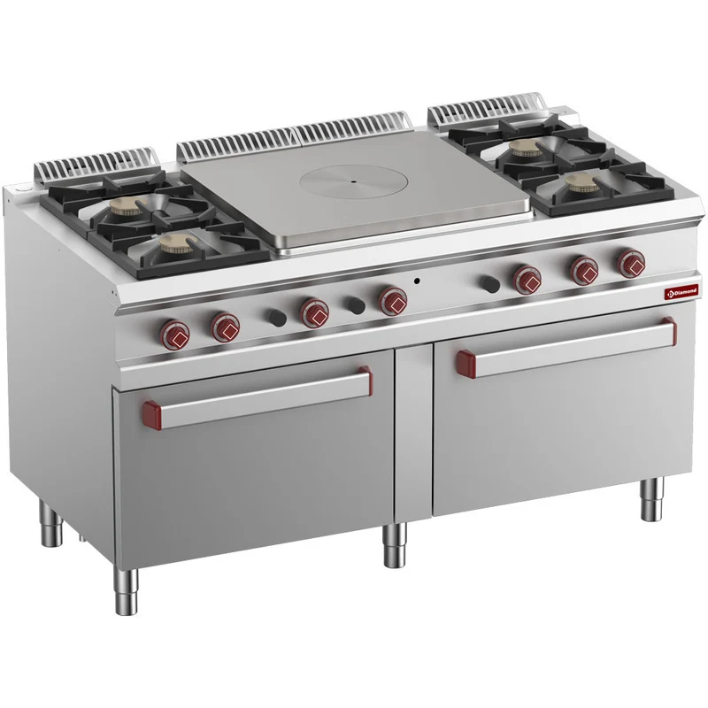 Fourneau gaz 4 feux - plaque centre - 2 fours GN2/1 - Diamond