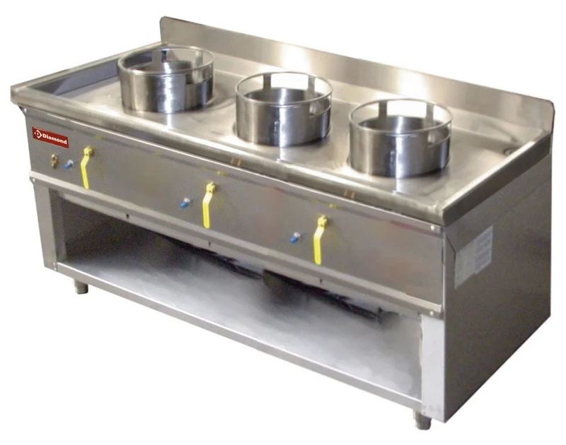 Fourneau wok gaz 3 brûleurs sur meuble - 1500x630x780 mm - 21,44 kW - Inox - Diamond