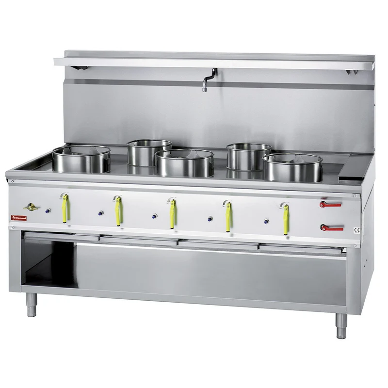 Fourneau wok 5 brûleurs - rideau d'eau - inox - 21,44 kW - 1800x900x760/1300 mm - Diamond