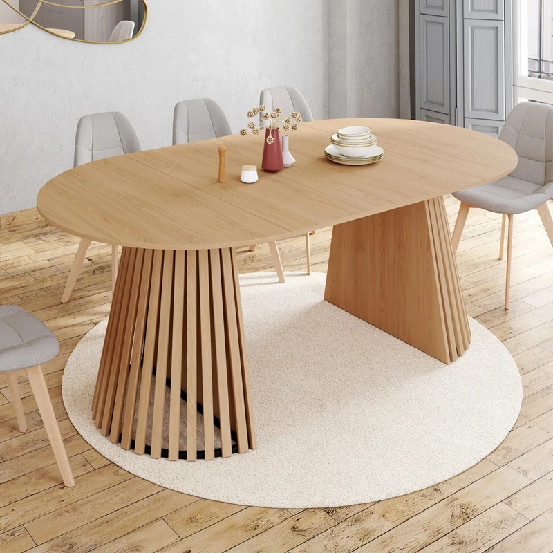 Table à manger ronde extensible Camélia bois et pied lattes Ø110-200cm