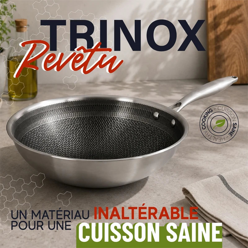 Wok Trinox Ø28 cm en acier inoxydable avec revêtement antiadhésif sans PFAS