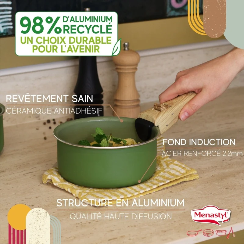 Lot de 2 poêles Colorama en aluminium recyclé amovible avec poignée