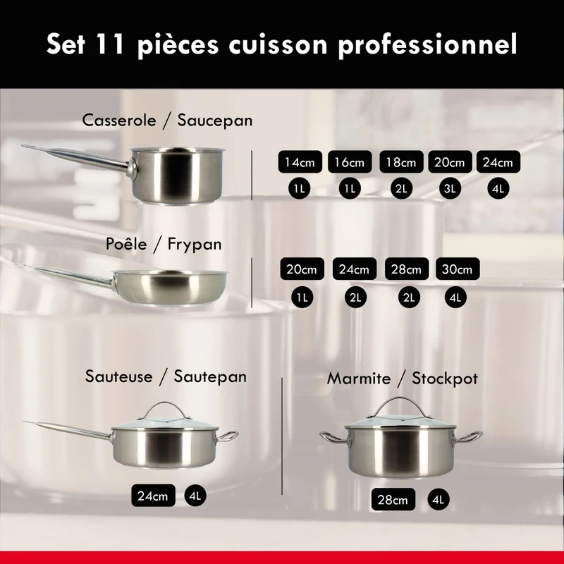 Set de 11 Pièces Professionnel en acier inoxydable