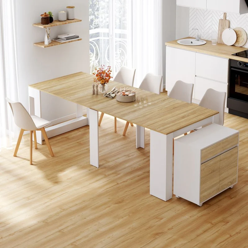 Buffet extensible console Nora blanc effet hêtre 230cm