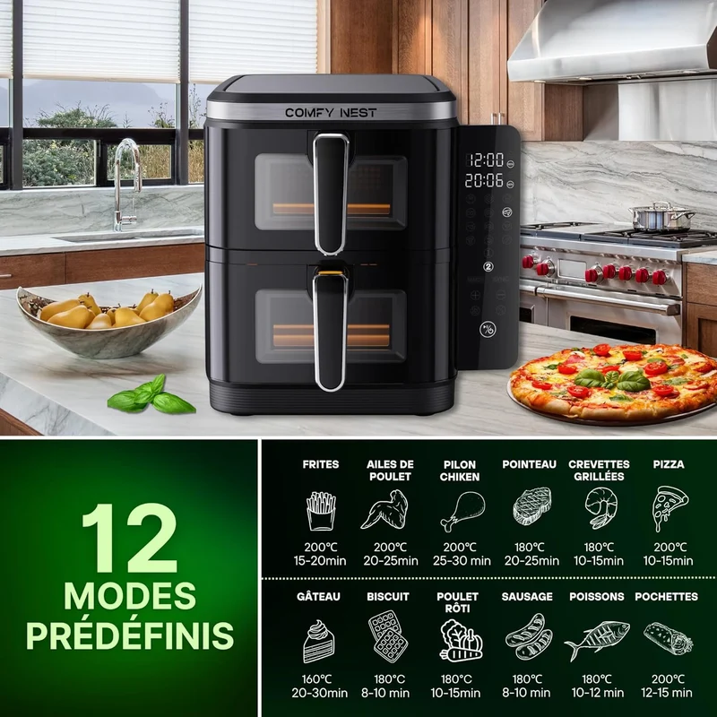 Friteuse à air chaud Air fryer double panier verticale avec fenêtre 11L 2800W