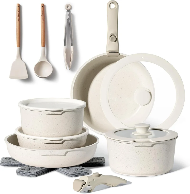 Batterie de cuisine 18 pièces avec poignées amovibles en Granit beige - Tous feux dont induction