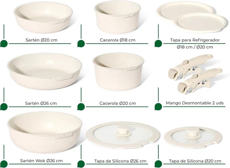 Batterie de cuisine 18 pièces avec poignées amovibles en Granit beige - Tous feux dont induction