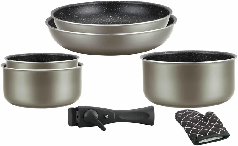 Batterie de cuisine revêtement pierre avec manche amovible 7 pièces Carbone