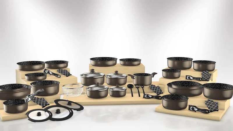 Batterie de cuisine revêtement pierre avec manche amovible 7 pièces Carbone