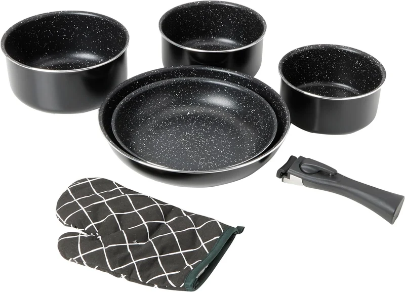 Batterie de cuisine revêtement pierre avec manche amovible 7 pièces noir