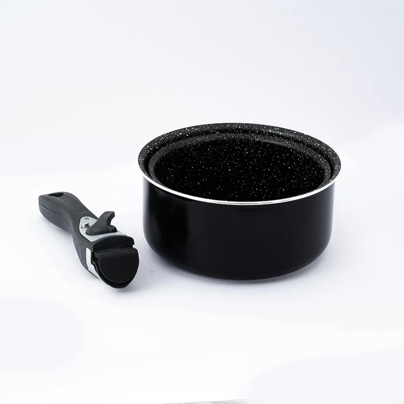 Batterie de cuisine revêtement pierre avec manche amovible 7 pièces noir