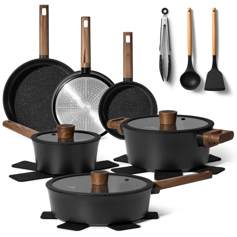 Batterie de cuisine 15 pièces antiadhésives en Granit noir - Tous feux dont induction