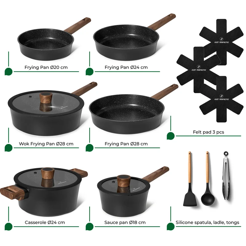 Batterie de cuisine 15 pièces antiadhésives en Granit noir - Tous feux dont induction