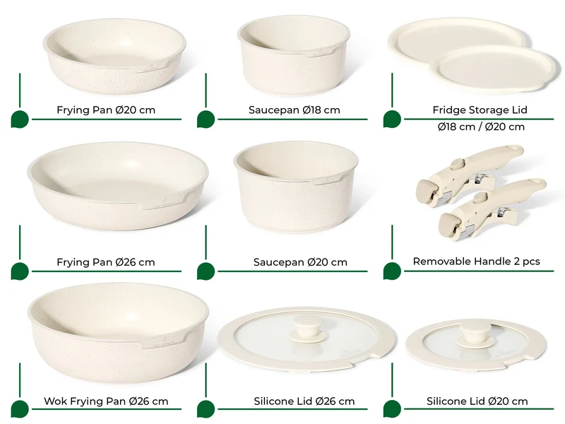 Batterie de cuisine 11 pièces avec poignées amovibles en Granit Beige - Tous feux dont induction