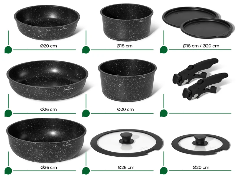 Batterie de cuisine 11 pièces avec poignées amovibles en Granit noir - Tous feux dont induction