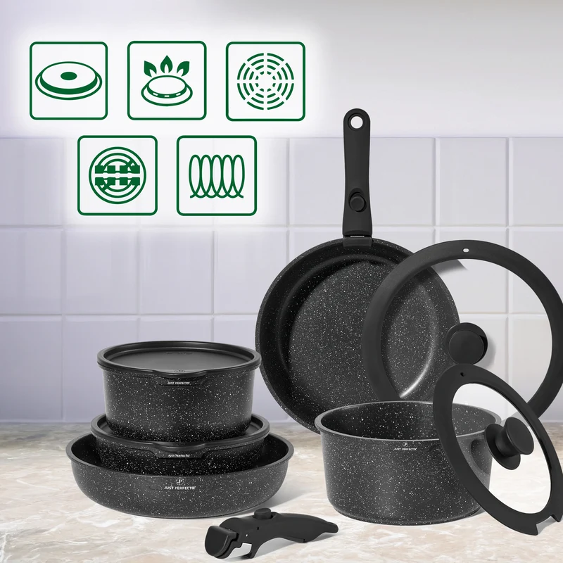 Batterie de cuisine 11 pièces avec poignées amovibles en Granit noir - Tous feux dont induction