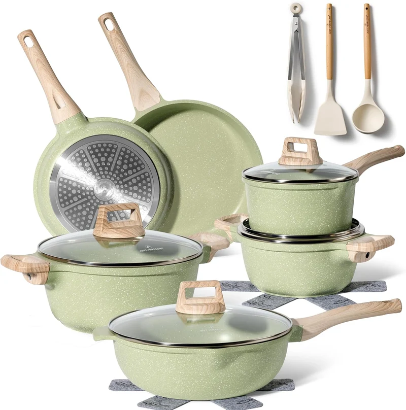 Batterie de cuisine 15 pièces antiadhésives en Granit vert - Tous feux dont induction