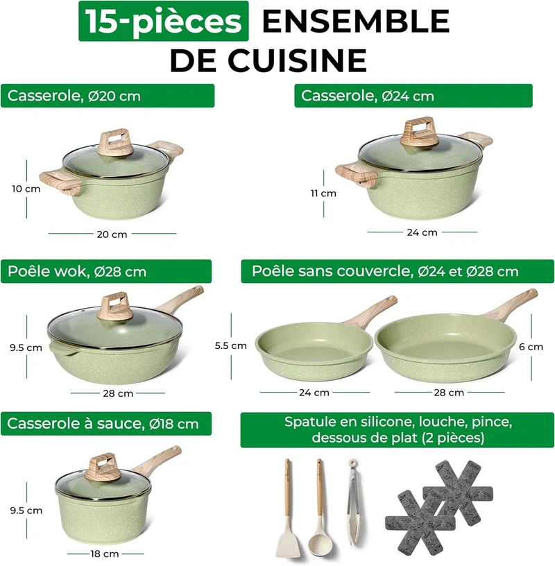 Batterie de cuisine 15 pièces antiadhésives en Granit vert - Tous feux dont induction