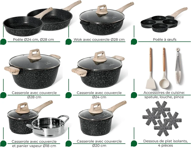 Batterie de cuisine 21 pièces antiadhésives en Granit Noir - Tous feux dont induction