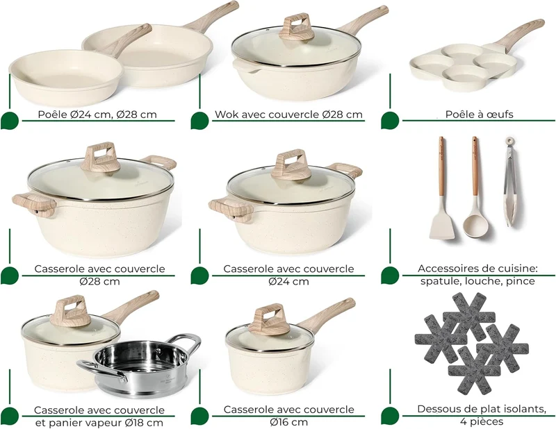 Batterie de cuisine 21 pièces antiadhésives en Granit beige - Tous feux dont induction