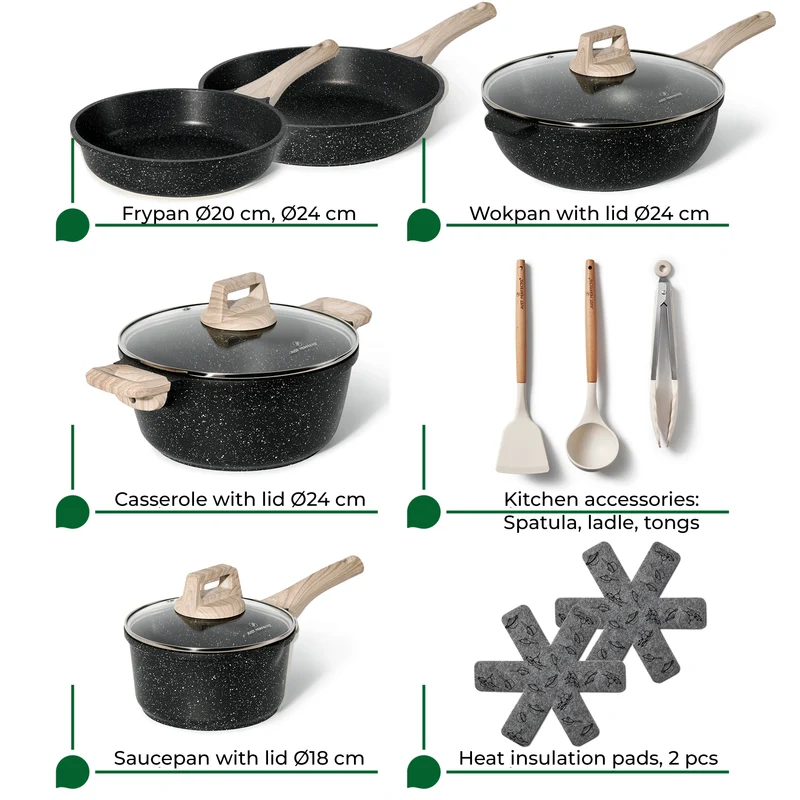 Batterie de cuisine 13 pièces antiadhésives en Granit noir - Tous feux dont induction