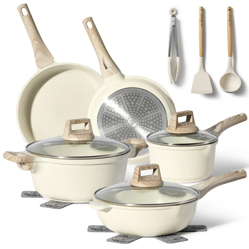 Batterie de cuisine 13 pièces antiadhésives en Granit beige - Tous feux dont induction