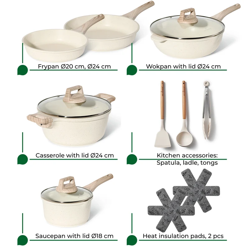 Batterie de cuisine 13 pièces antiadhésives en Granit beige - Tous feux dont induction